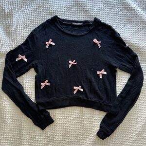 Navy Cropped Sweater with Pink Bows